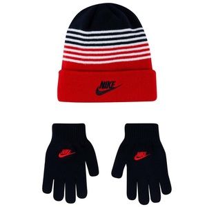 Nike Boys Striped Logo Beanie and Gloves Set